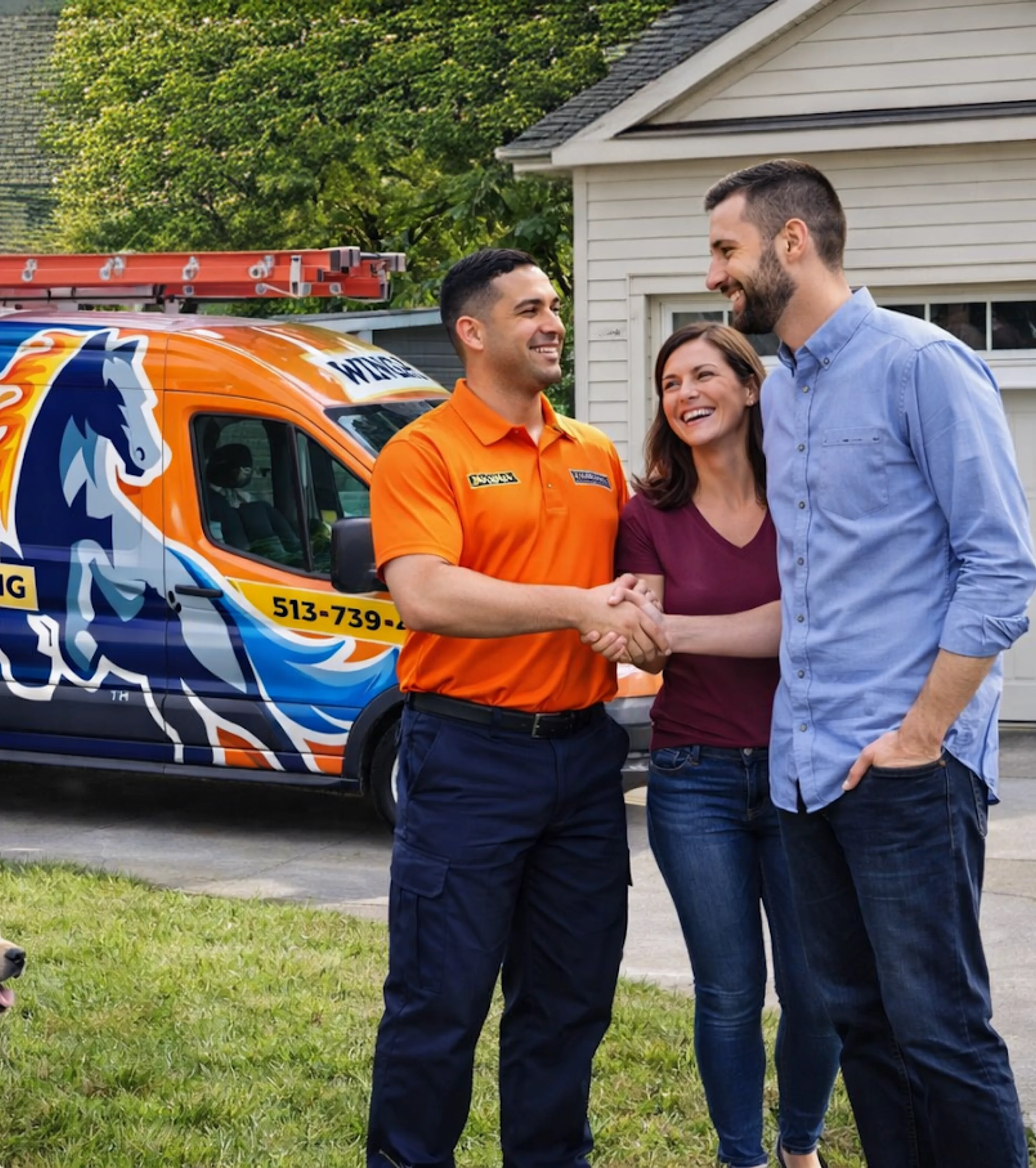 Wingate technician greeting homeowners in front of a branded service van