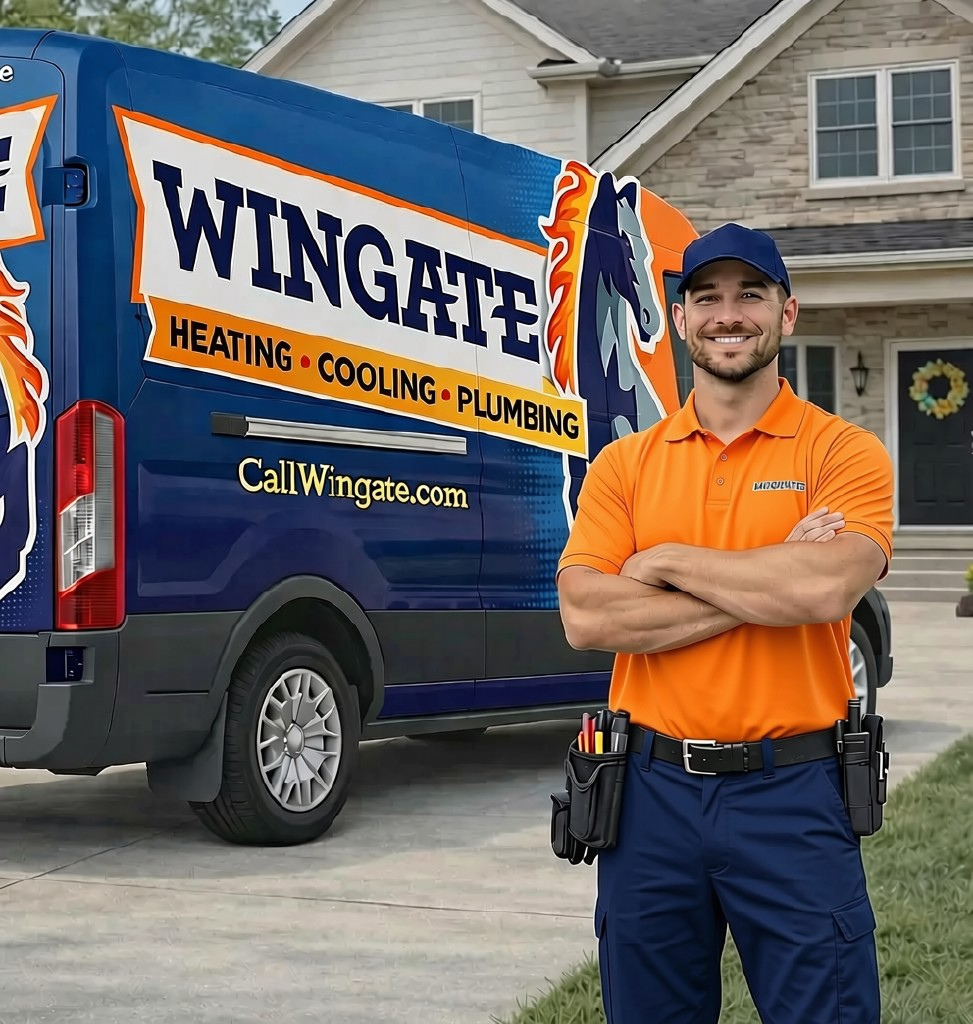 Wingate plumber standing in front of a branded service van